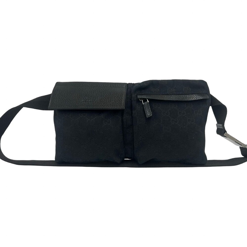 GUCCI GG pattern logo engraved canvas leather body bag waist pouch shoulder b...